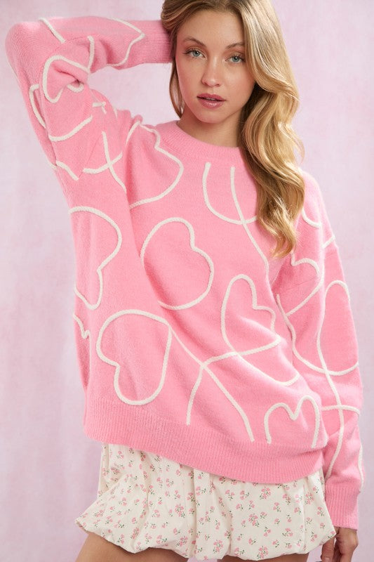 Hearts Thread Embroidered Sweater - Candy Pink