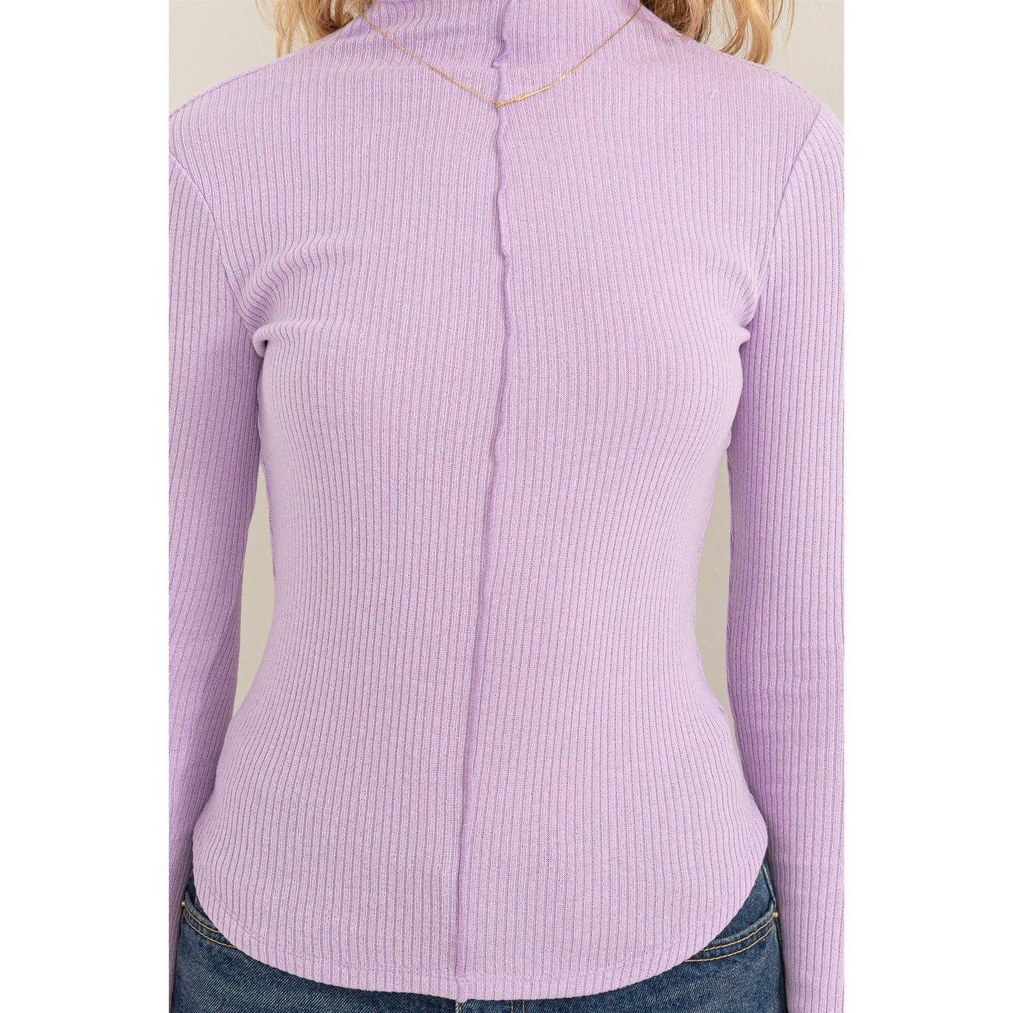 Ribbed High Neck Long Sleeve Top: Lavender