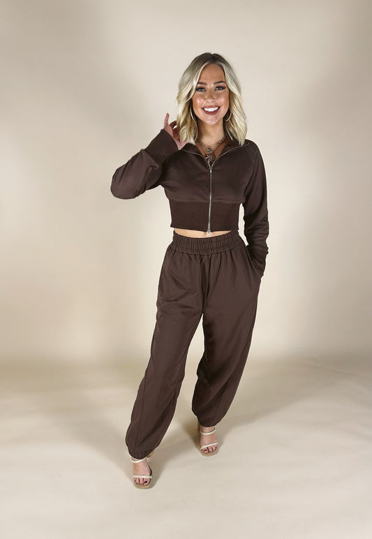 French Terry Crop Jacket and Flowy Jogger Pants Set: Chocolate