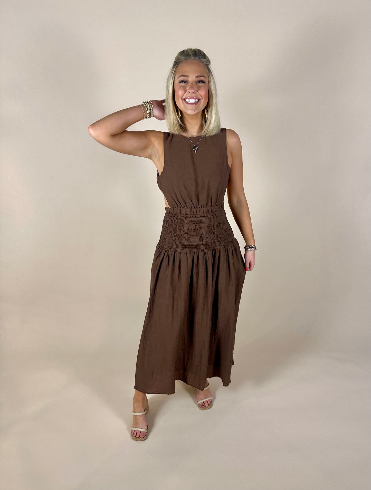 Open Back Smocked Midi Dress - Brown