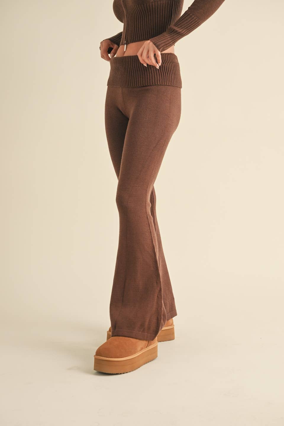 Foldover Flare Knit Sweater Pants: Chocolate