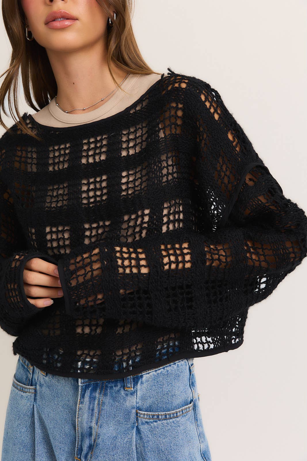 Boat Neck Crochet Top: Black