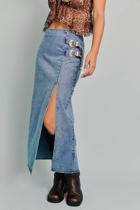 Double Silver Buckle Detail Denim Midi Skirt: Washed Denim