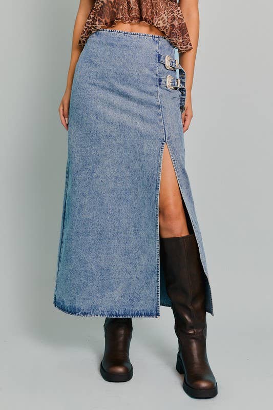 Double Silver Buckle Detail Denim Midi Skirt: Washed Denim