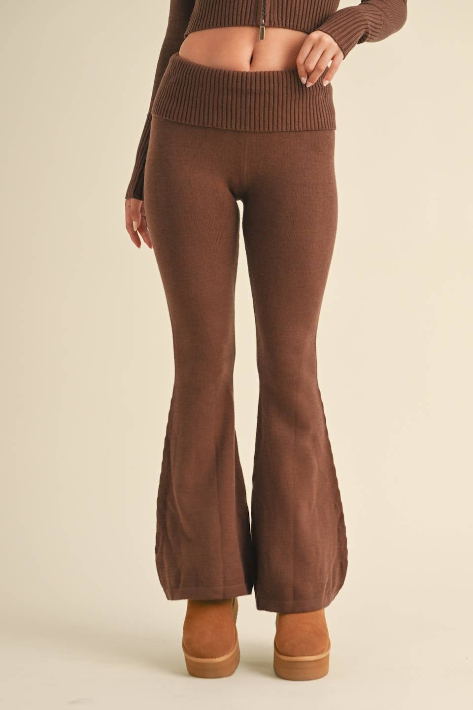 Foldover Flare Knit Sweater Pants: Chocolate