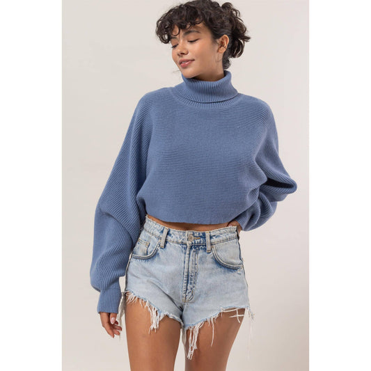 Turtleneck Cropped Sweater: Gray Blue