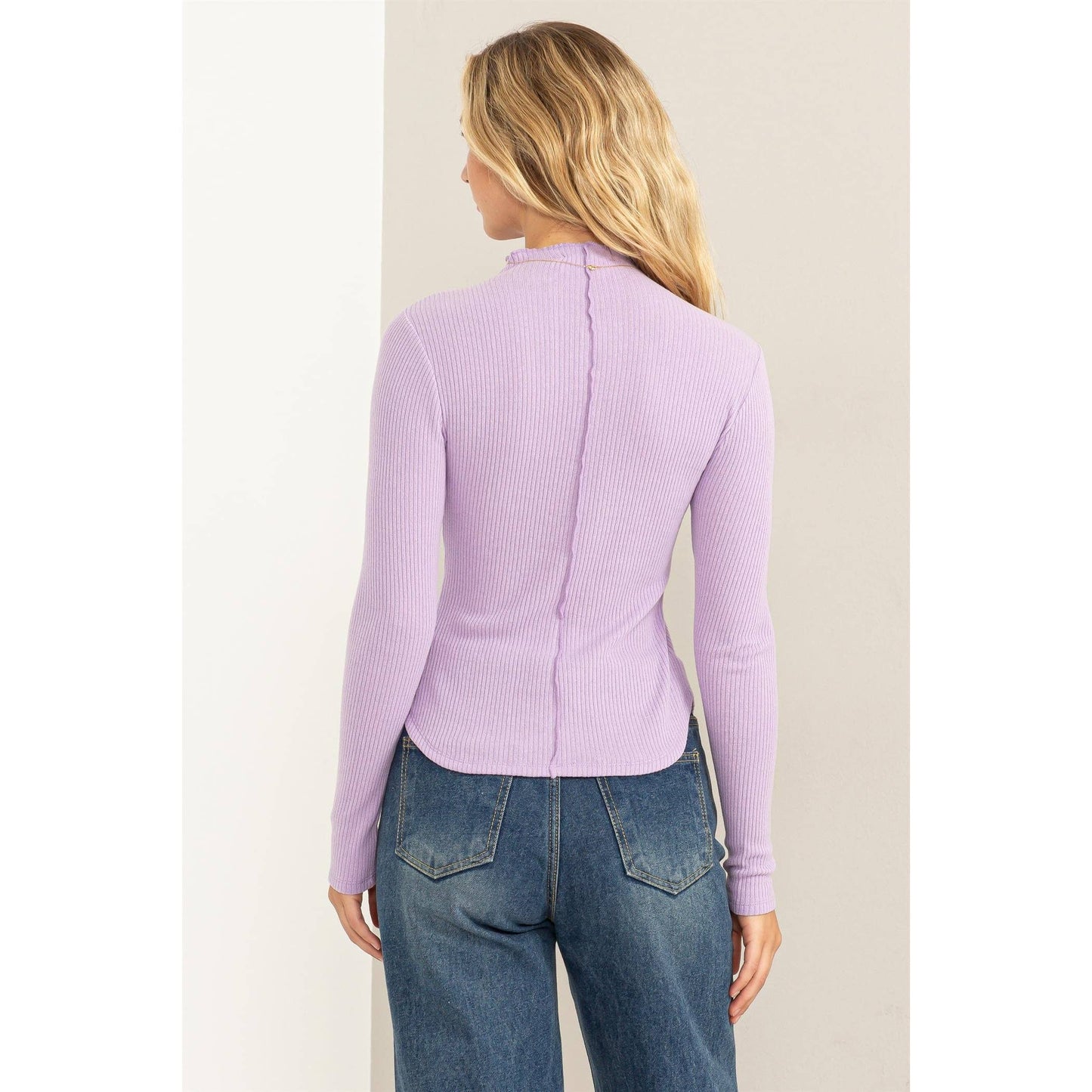 Ribbed High Neck Long Sleeve Top: Lavender