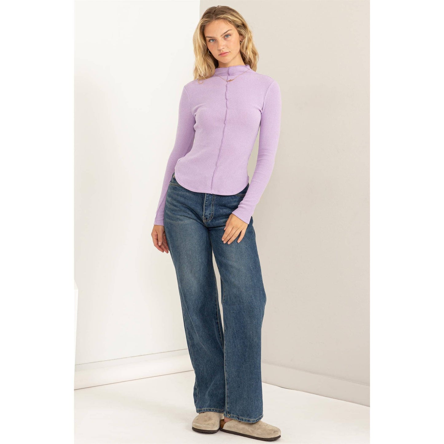 Ribbed High Neck Long Sleeve Top: Lavender