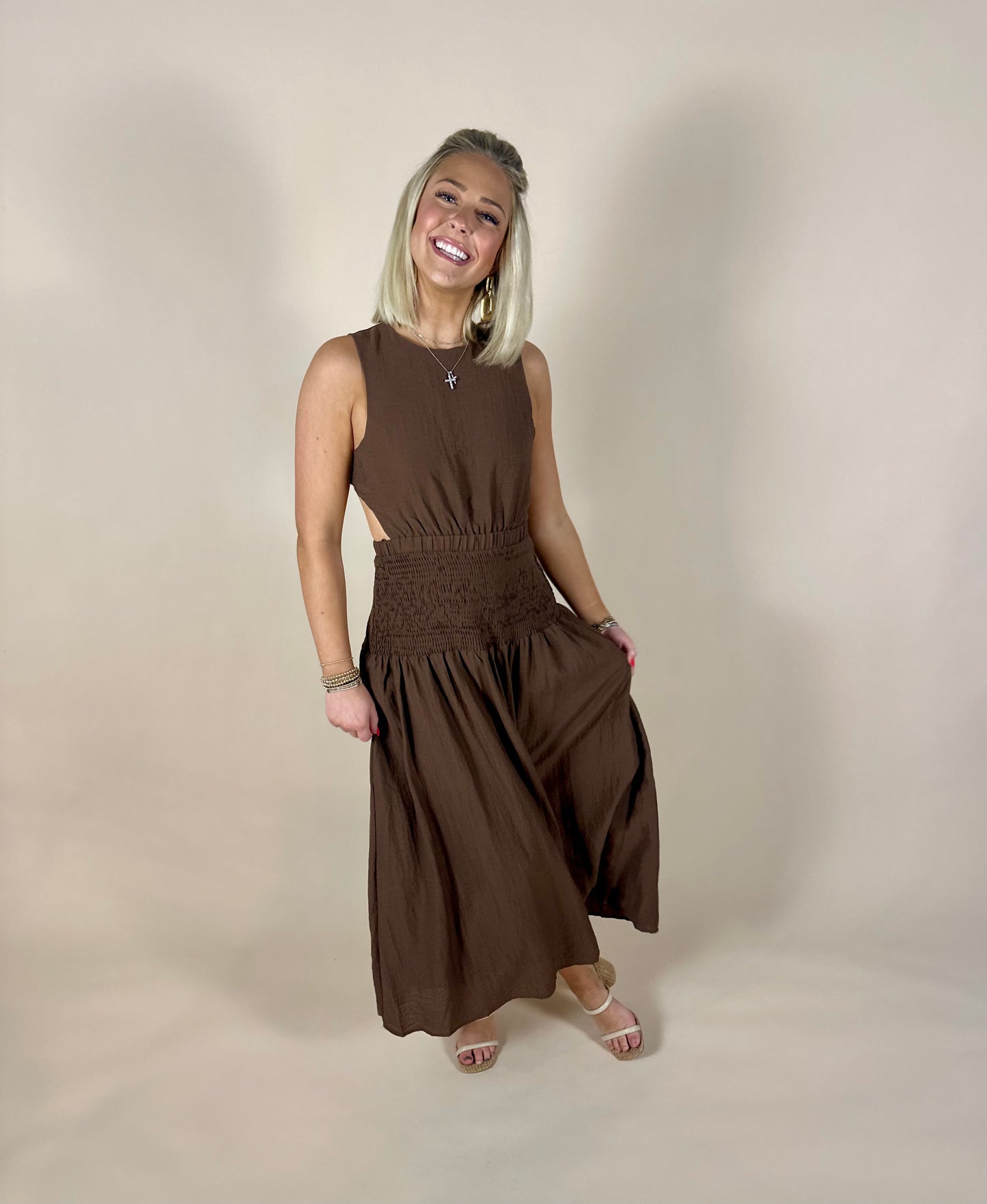 Open Back Smocked Midi Dress - Brown