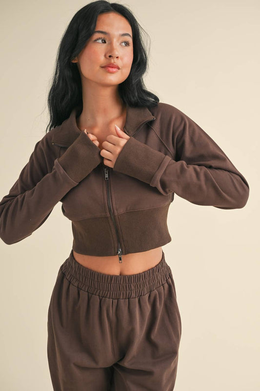 French Terry Crop Jacket and Flowy Jogger Pants Set: Chocolate