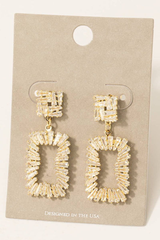 Baguette Pave Rectangle Dangle Earrings: Gold