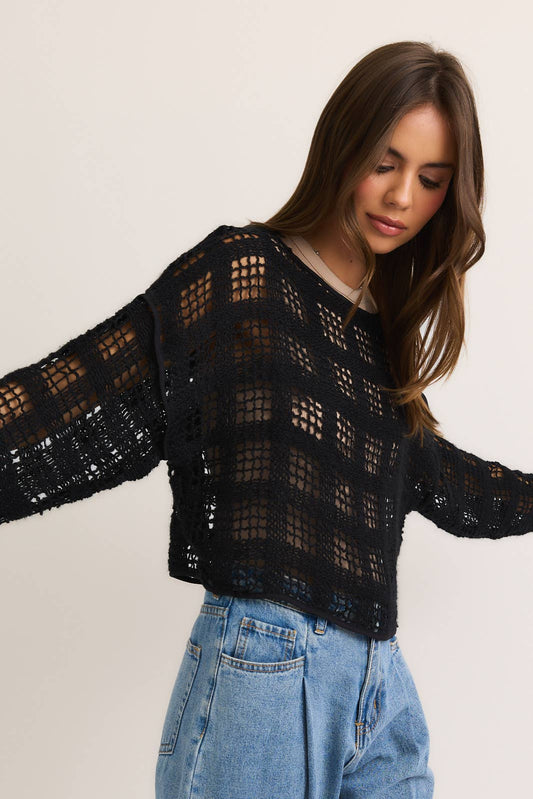 Boat Neck Crochet Top: Black