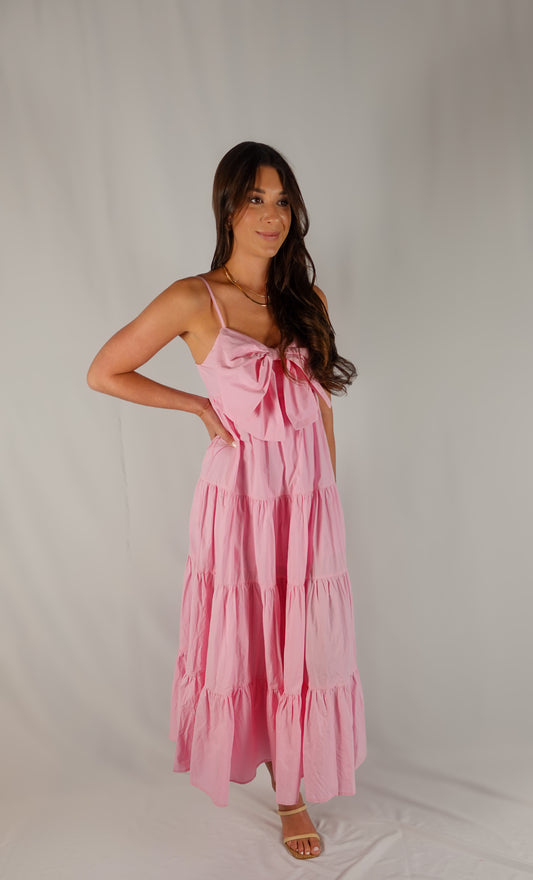 Bow Tied Tiered Midi Dress - Pink