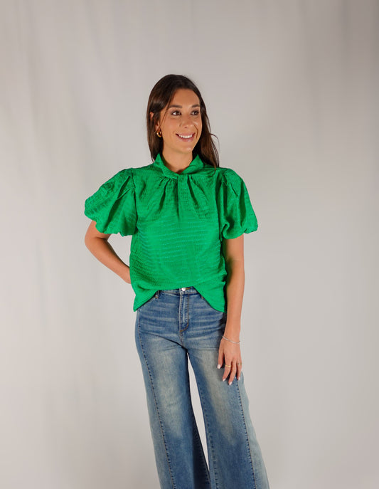 Puff Sleeve Textured Top - Green