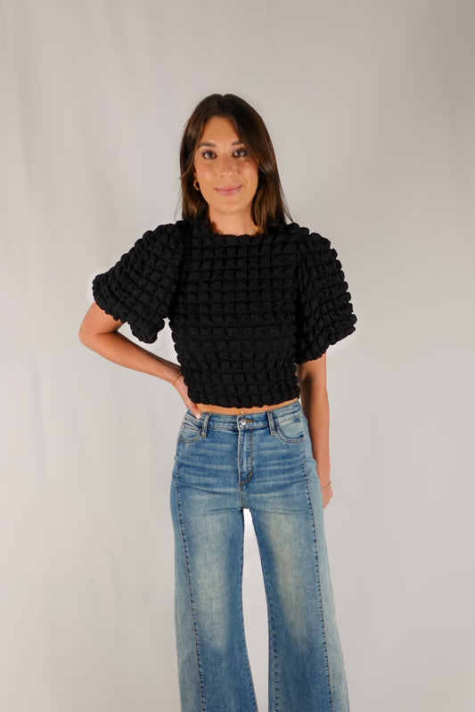 Textured Fabric Puff Sleeve Blouse - Black (Restocked)