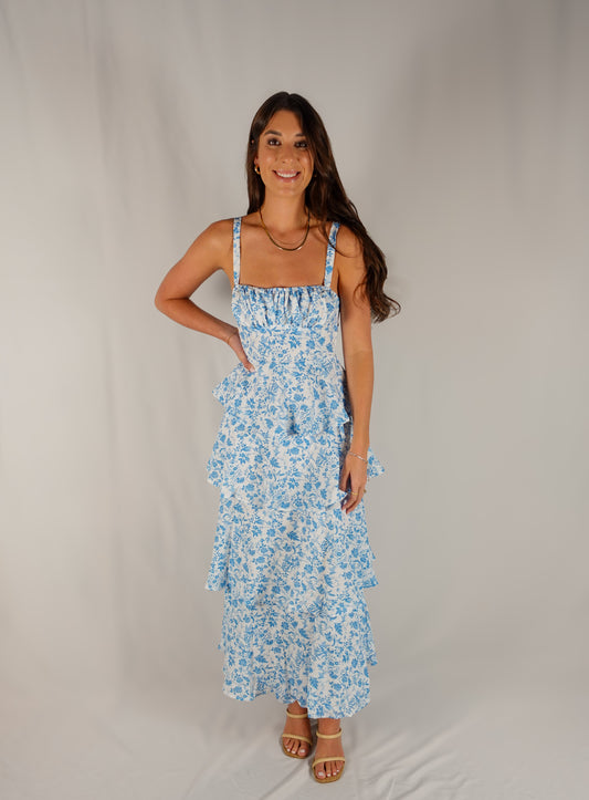 Floral Dress - White & Blue