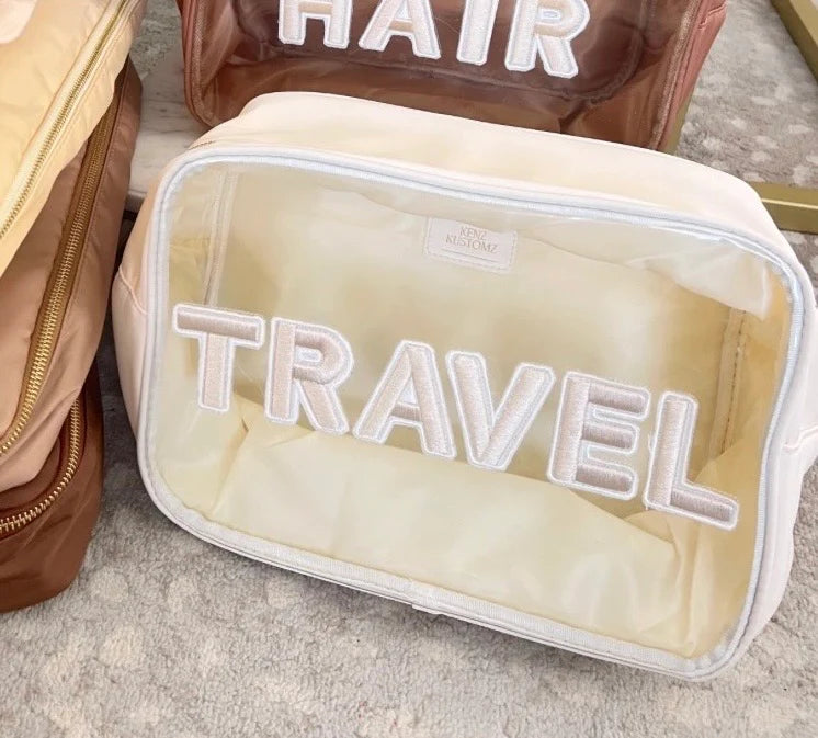 Travel Clear XL Makeup Bag - Beige w/ Rolled Patches