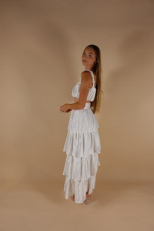 High Waisted Tiered Satin Maxi Skirt - White