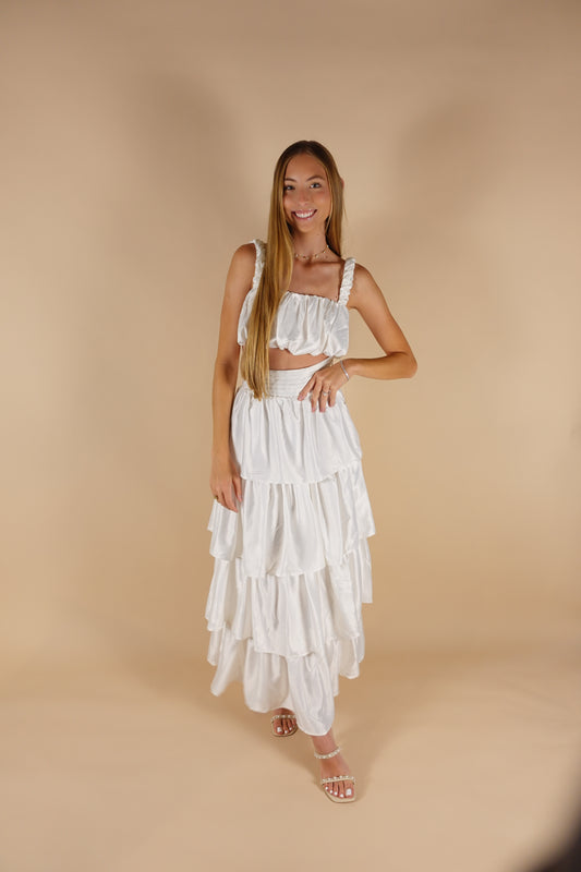 High Waisted Tiered Satin Maxi Skirt - White