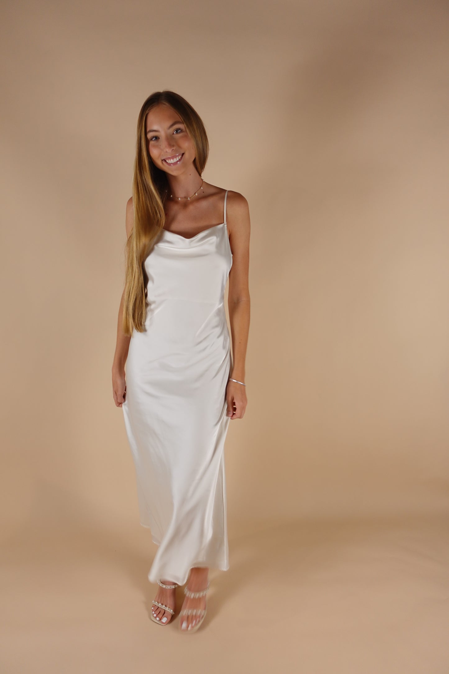 Silky Satin Dress with Rosette Trim - Pearl