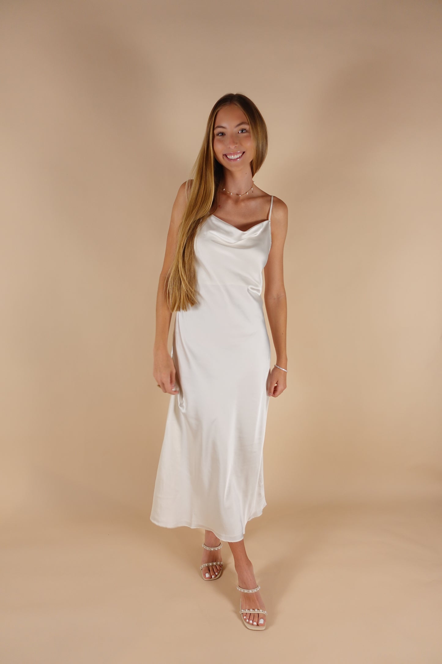 Silky Satin Dress with Rosette Trim - Pearl