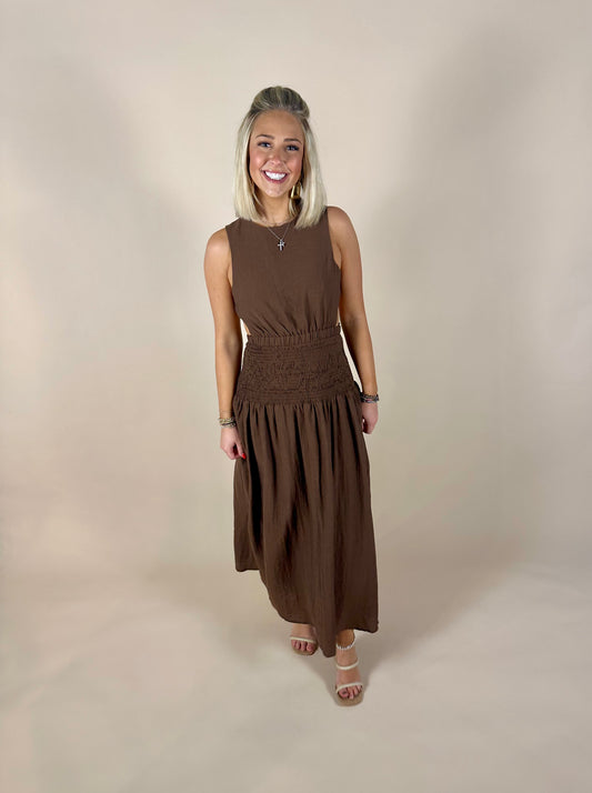 Open Back Smocked Midi Dress - Brown