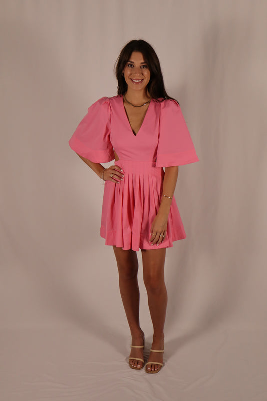 Pleated Puff Sleeve Mini Dress - Pink