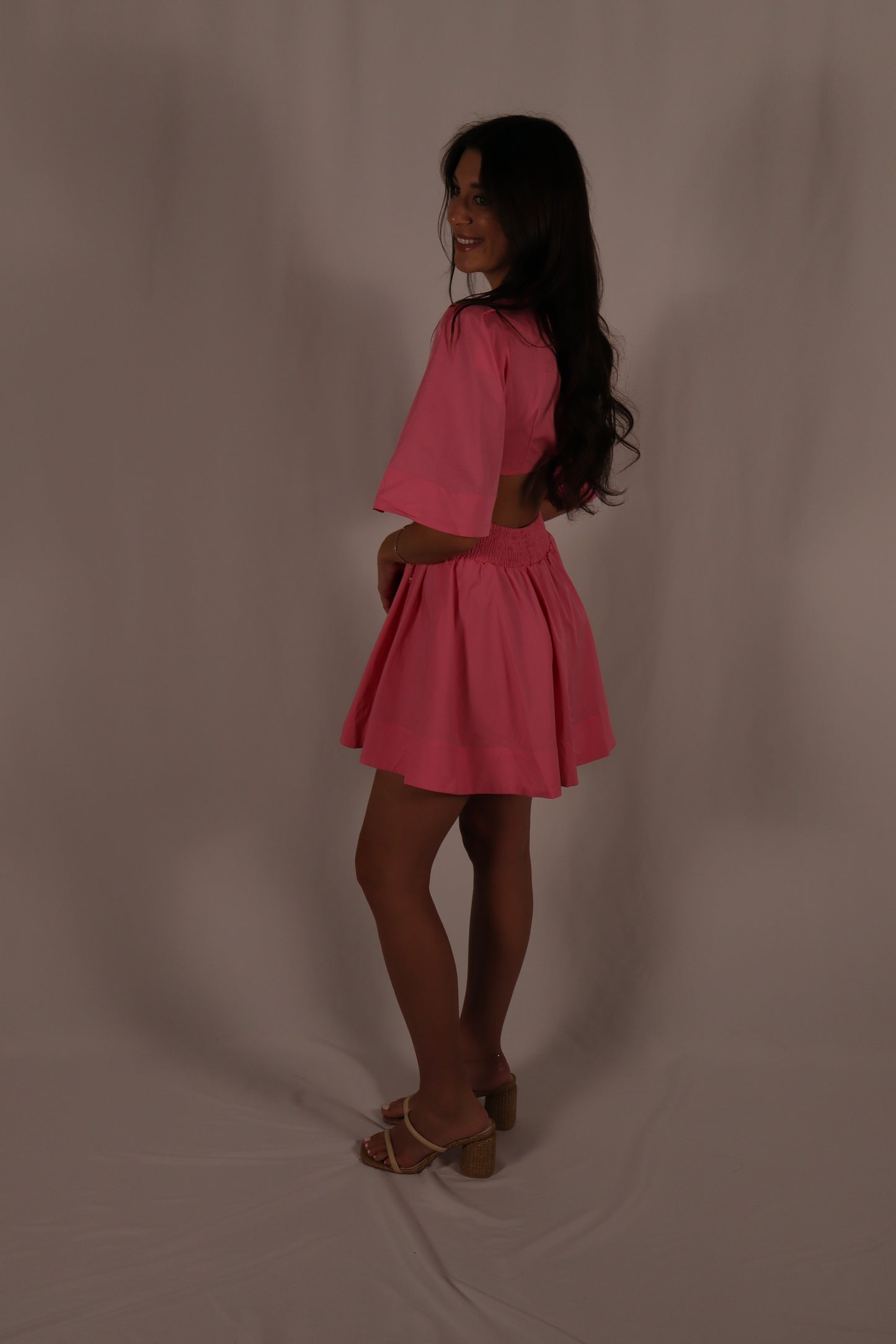 Pleated Puff Sleeve Mini Dress - Pink