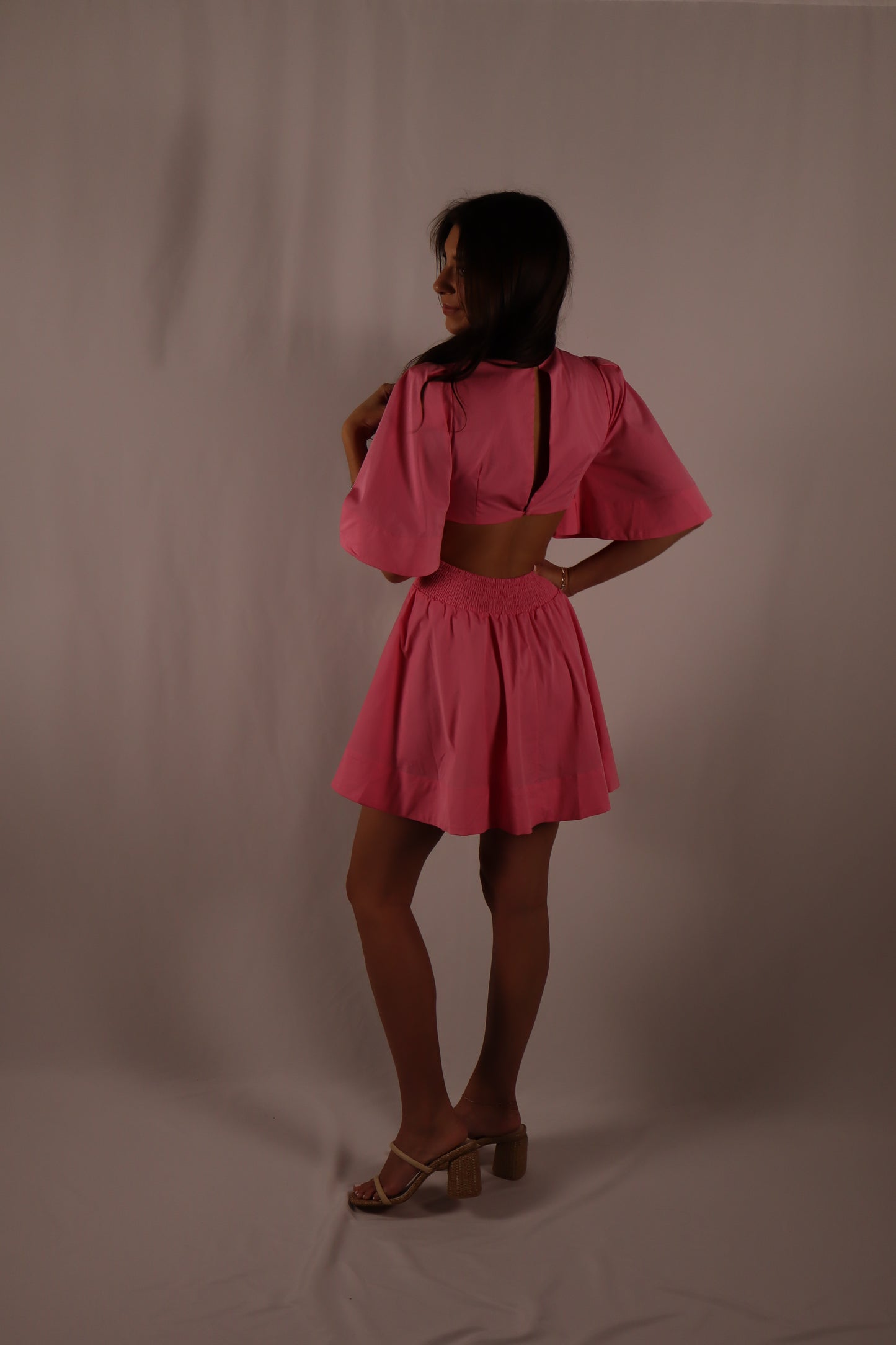 Pleated Puff Sleeve Mini Dress - Pink