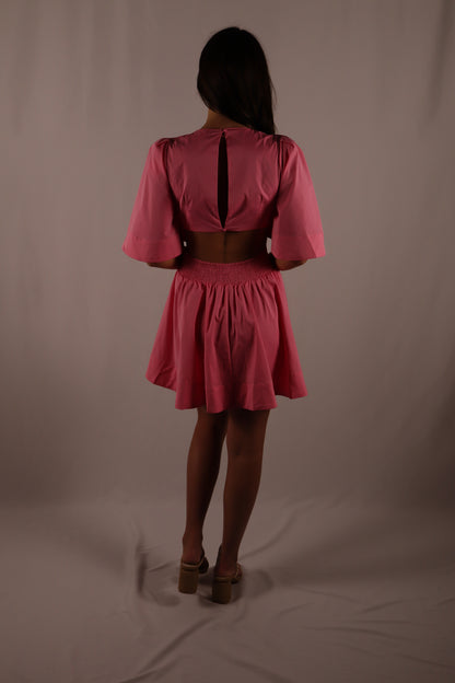 Pleated Puff Sleeve Mini Dress - Pink