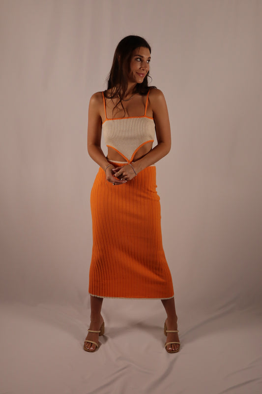 Cut Out Midi Dress - Cream & Orange