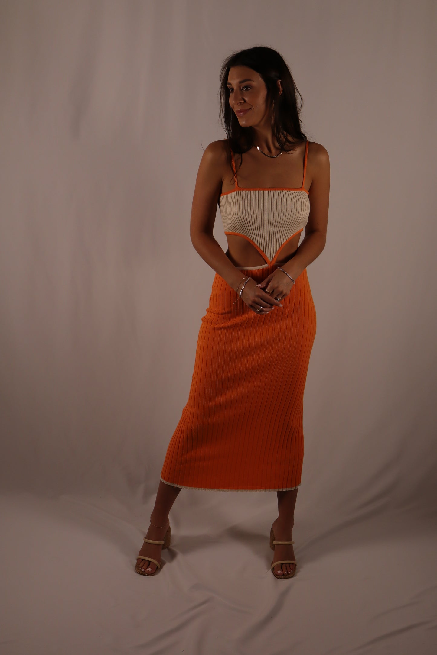 Cut Out Midi Dress - Cream & Orange