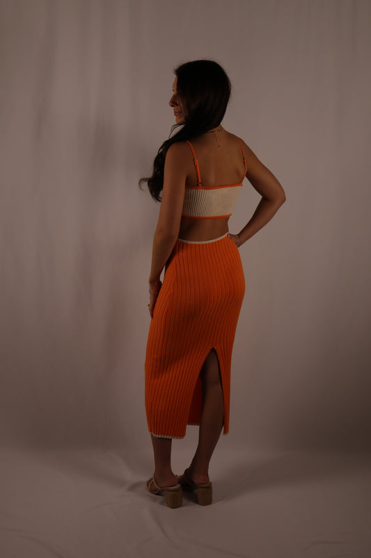 Cut Out Midi Dress - Cream & Orange
