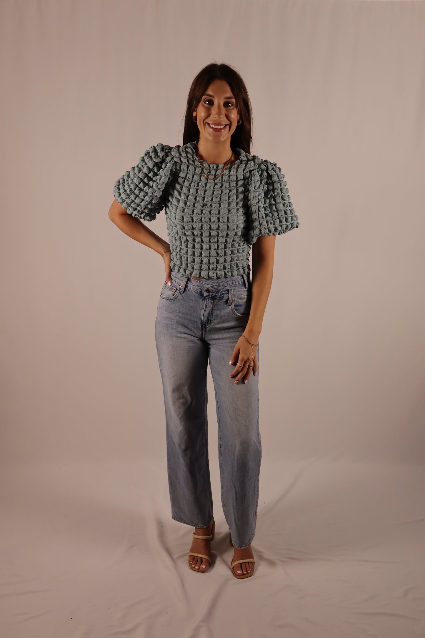 Textured Fabric Puff Sleeve Top - Dusty Blue ￼