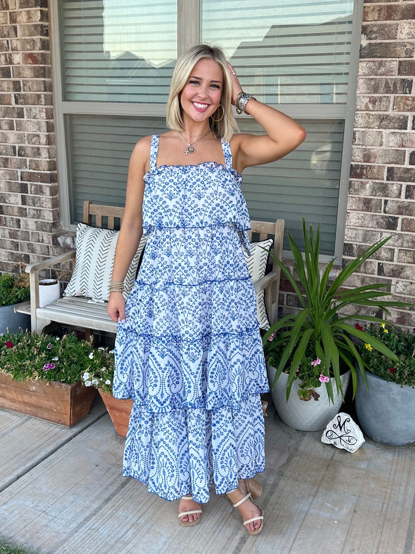 Floral Ruffle Tiered Midi Dress - Blue