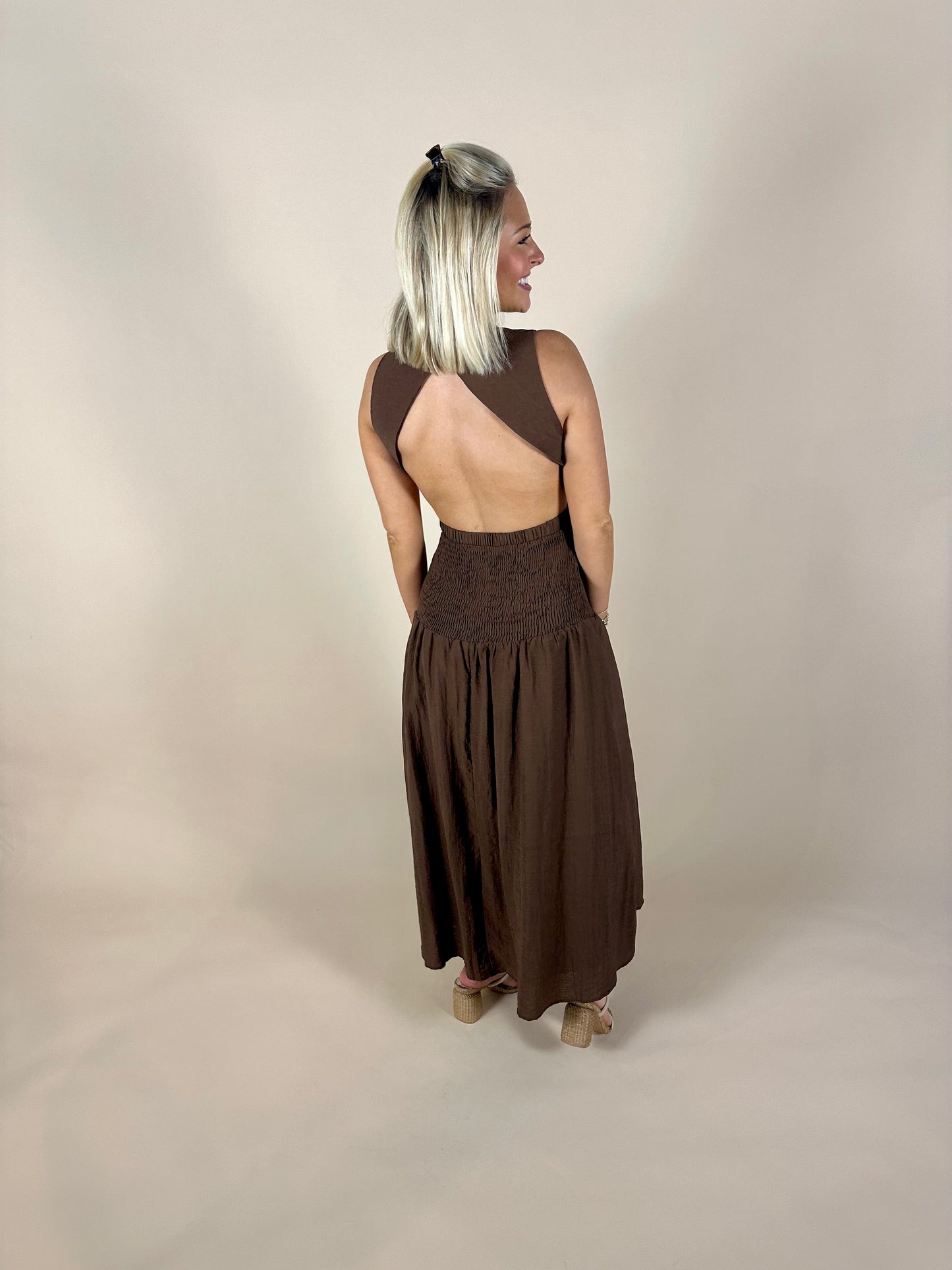 Open Back Smocked Midi Dress - Brown