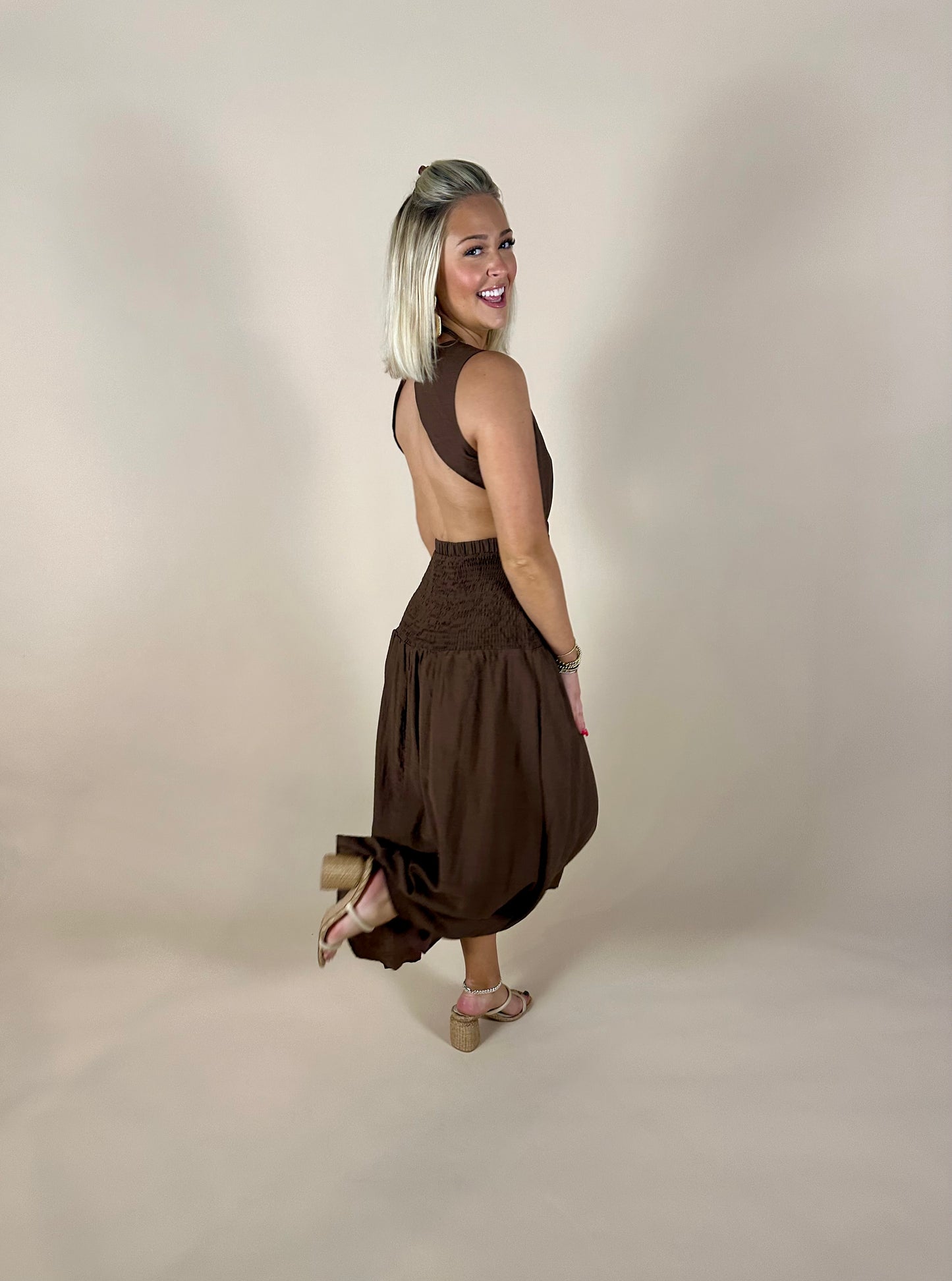 Open Back Smocked Midi Dress - Brown