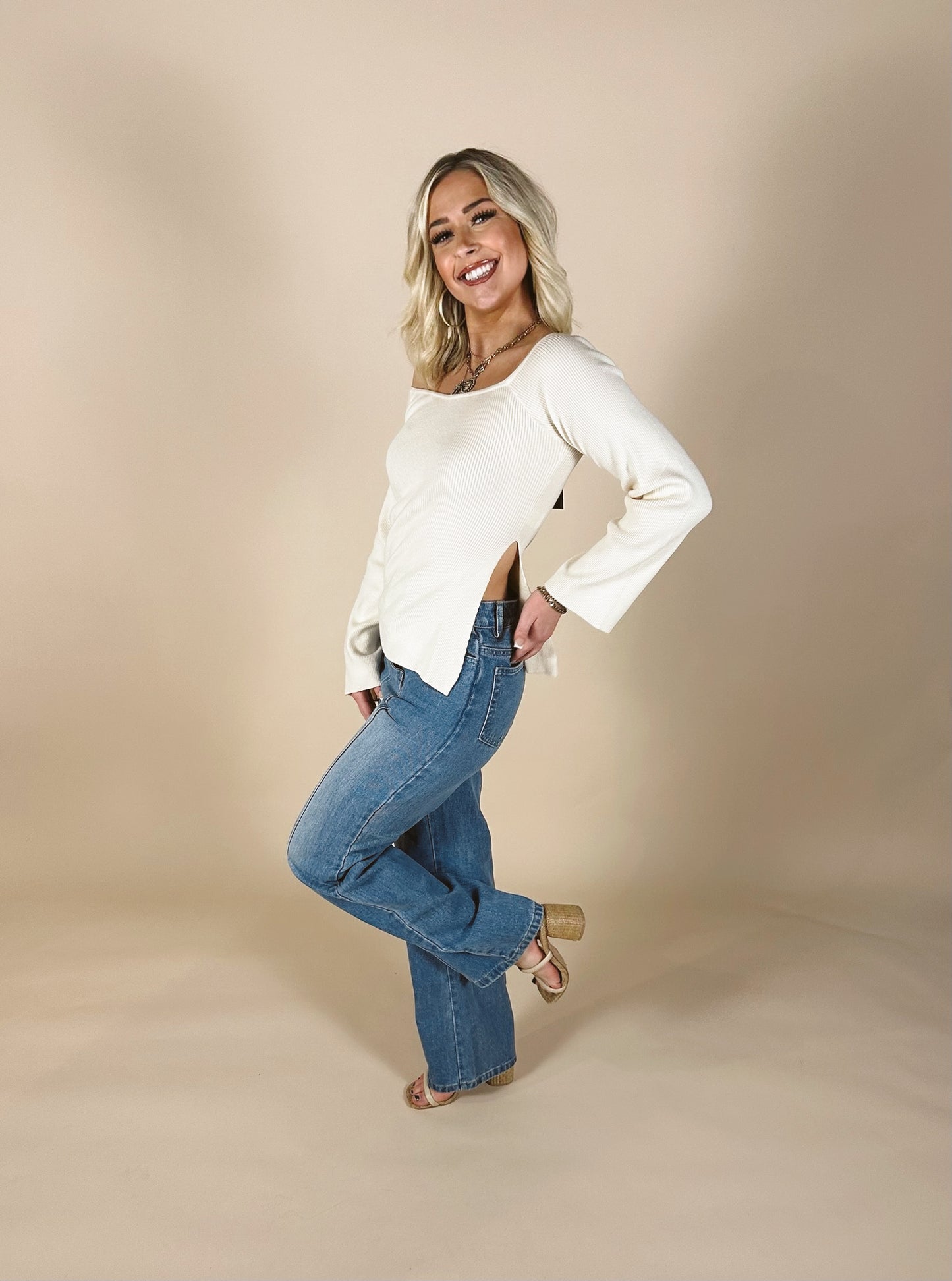 Side Slit Off Shoulder Sweater Top: Cream