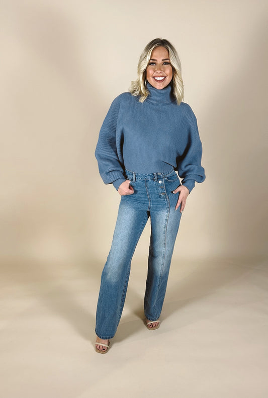 Turtleneck Cropped Sweater: Gray Blue