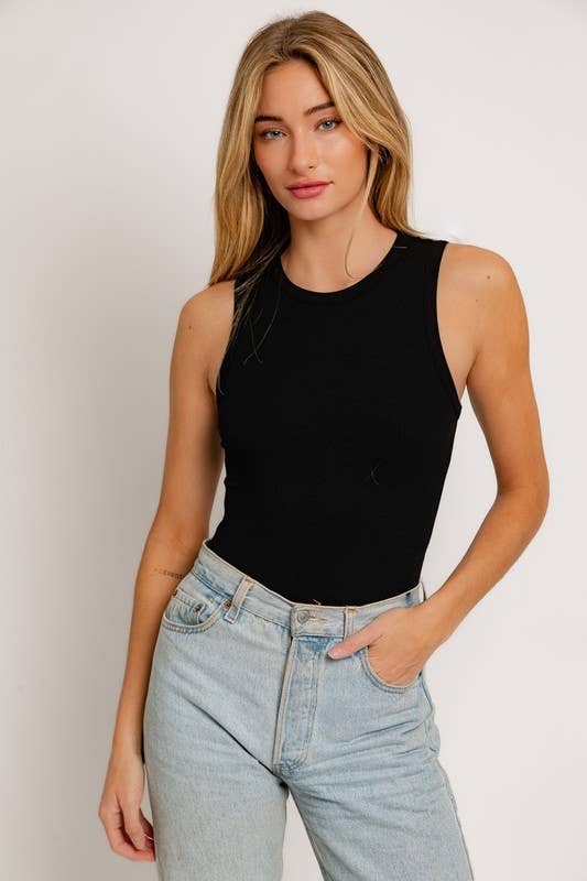 Round Neck Sleeveless Bodysuit: Black
