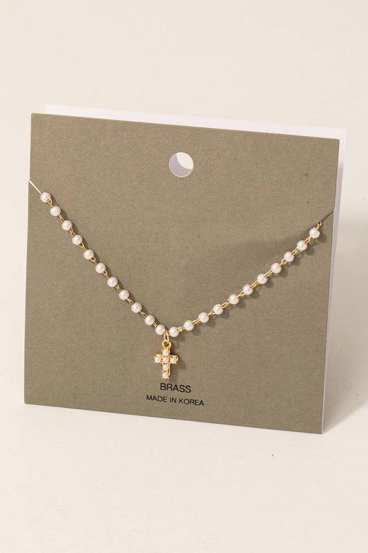 Pearl Beaded Cross And Chain Pendant Necklace