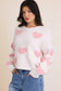 Round Neck Long Sleeve Heart Sweater: Cream & Pink