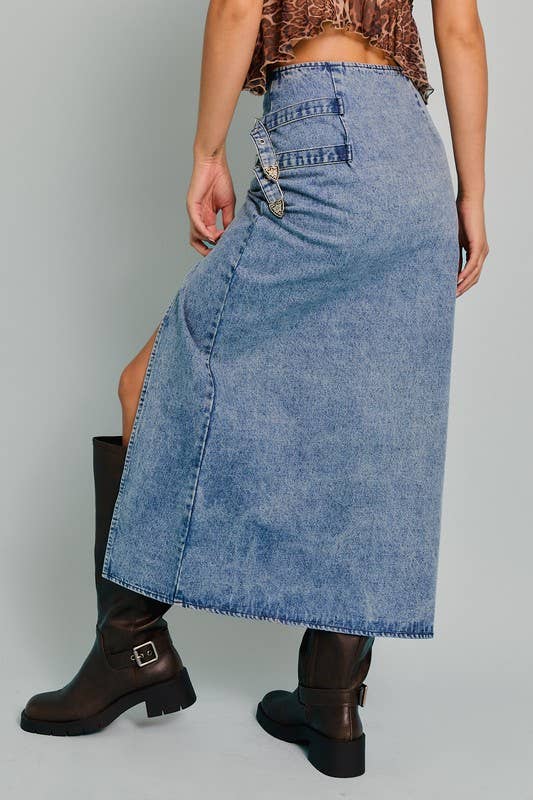 Double Silver Buckle Detail Denim Midi Skirt: Washed Denim