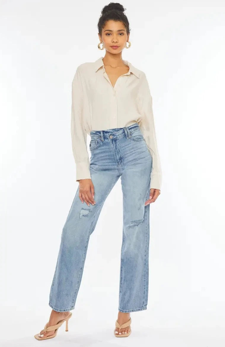 High Rise 90's Criss Cross Straight Leg Jeans