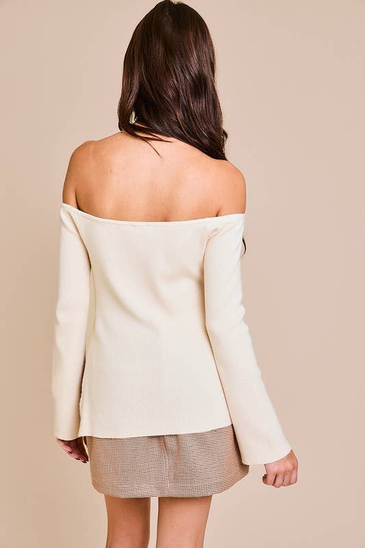 Side Slit Off Shoulder Sweater Top: Cream