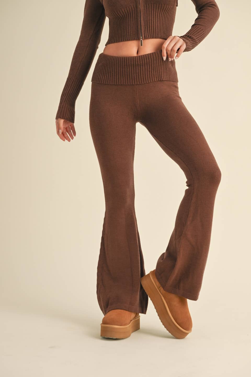 Foldover Flare Knit Sweater Pants: Chocolate