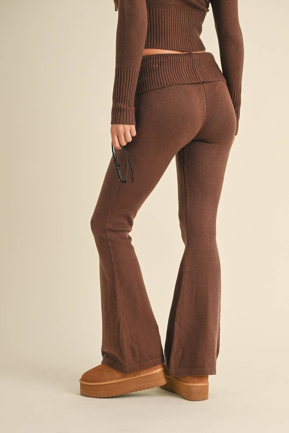 Foldover Flare Knit Sweater Pants: Chocolate