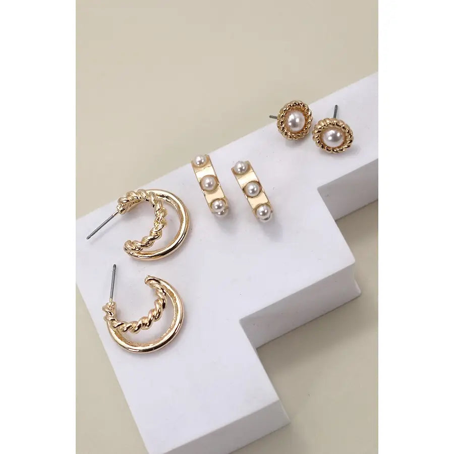 Gold Pearl Hoop Stud Trio Earrings - Gold