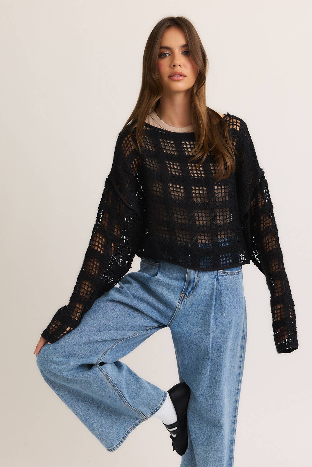 Boat Neck Crochet Top: Black