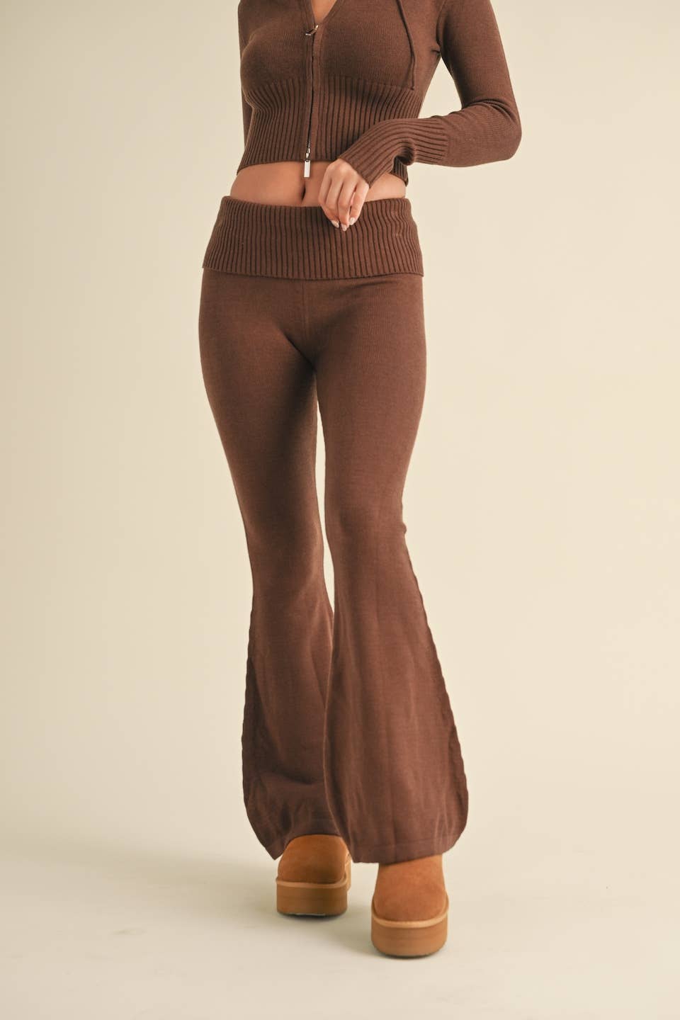 Foldover Flare Knit Sweater Pants: Chocolate